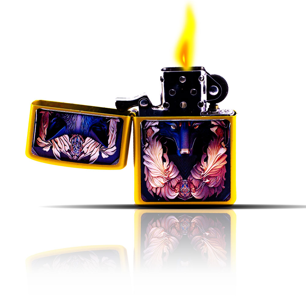 Siyah Kurt Desenli Sarı Zippo Tarzı Benzinli Çakmak