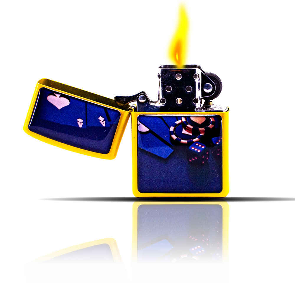 Poker Kumarbaz Sarı Lacivert Zippo Tarzı Benzinli Çakmak