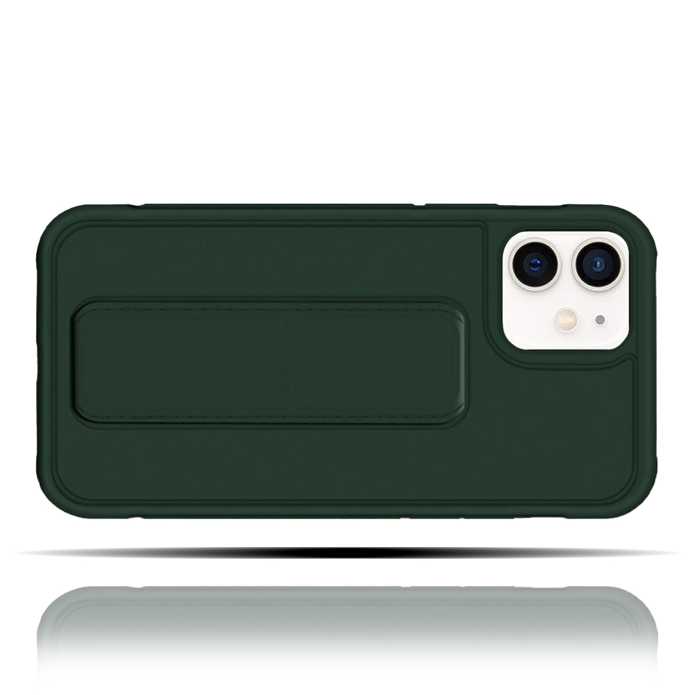 Apple IPhone 12 Uyumlu Mat Koyu Yeşil Yumuşak Silikon Standlı Tutacaklı (Tutamaçlı) Telefon Kılıfı