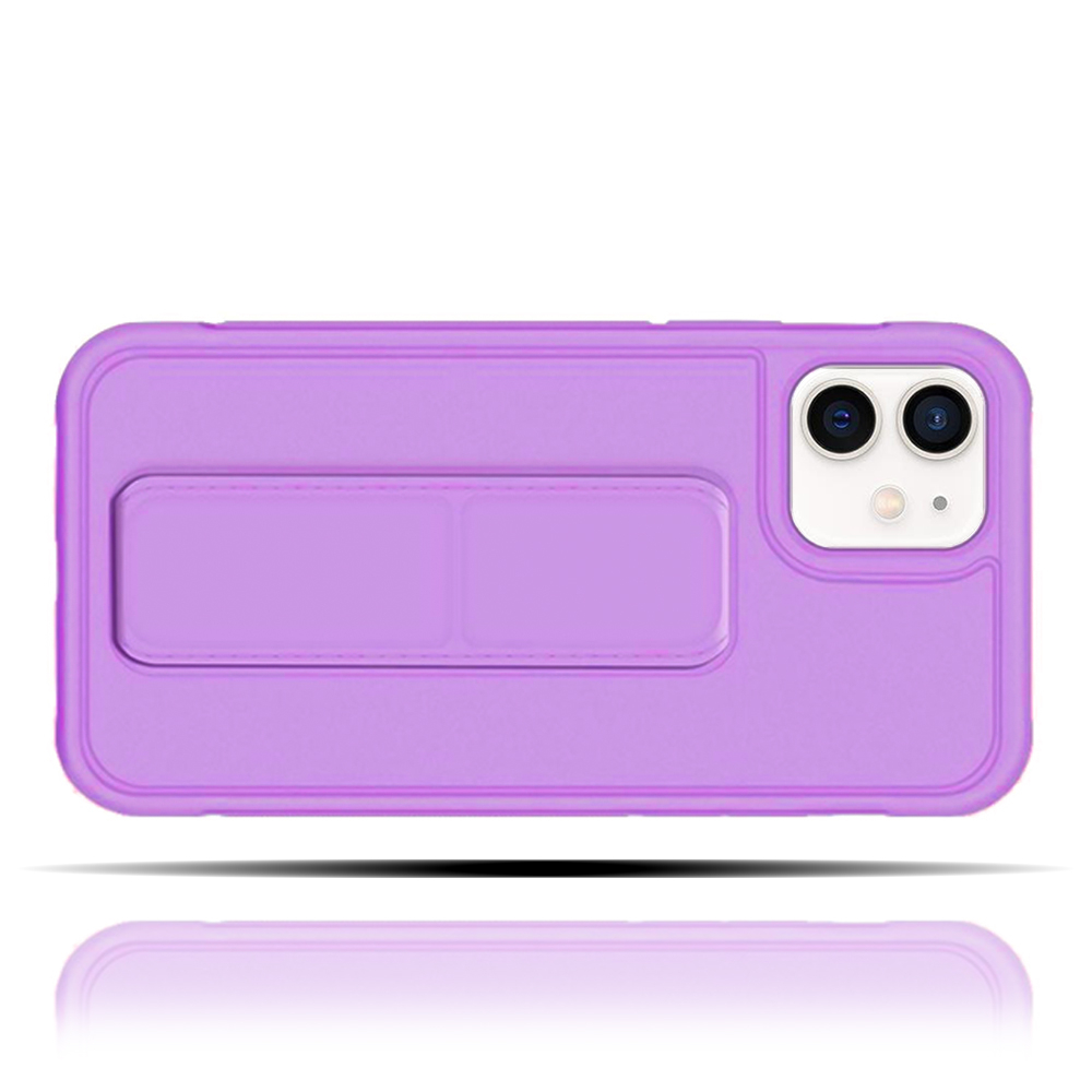 Apple IPhone 12 Uyumlu Mat Lila Yumuşak Silikon Standlı Tutacaklı (Tutamaçlı) Telefon Kılıfı