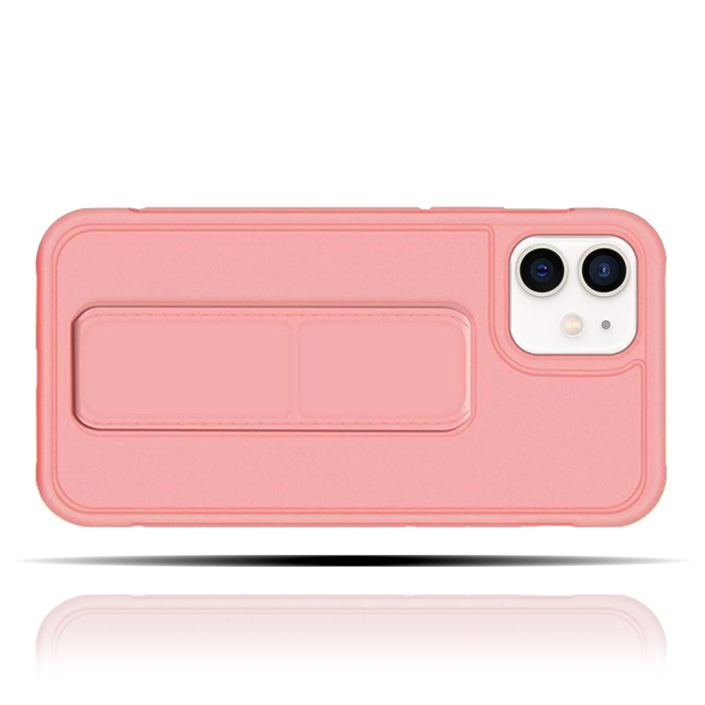 Apple IPhone 12 Uyumlu Rose Gold Yumuşak Silikon Standlı Tutacaklı (Tutamaçlı) Telefon Kılıfı