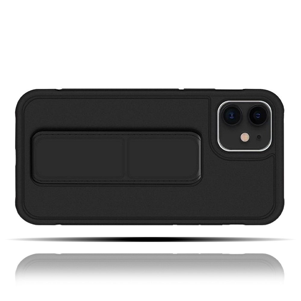 Apple IPhone 12 Uyumlu Mat Siyah Yumuşak Silikon Standlı Tutacaklı (Tutamaçlı) Telefon Kılıfı