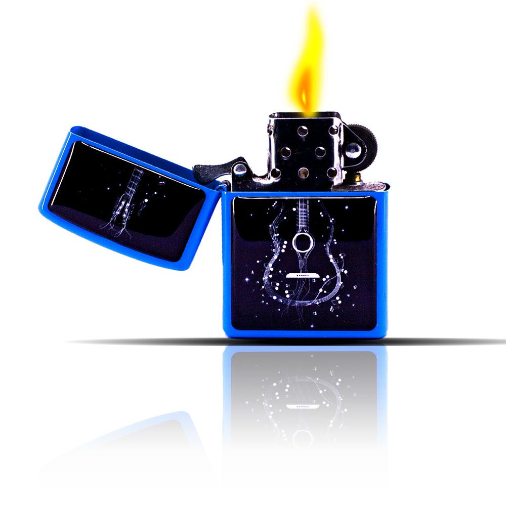 Gitar Çizim Desenli Mavi Zippo Tarzı Benzinli Çakmak