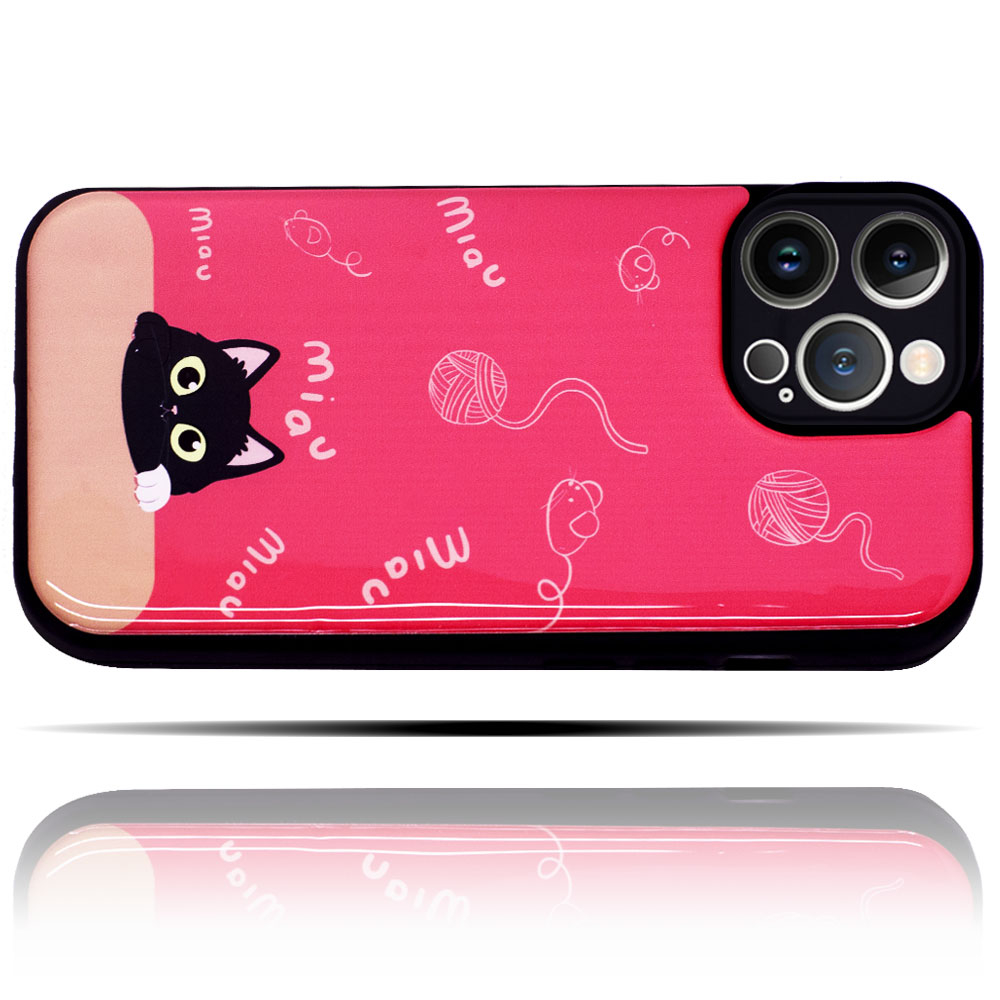 Apple IPhone 14 Pro Max Uyumlu Kedi Desenli Pembe Yumuşak Silikon Kedili Telefon Kılıfı - Miav